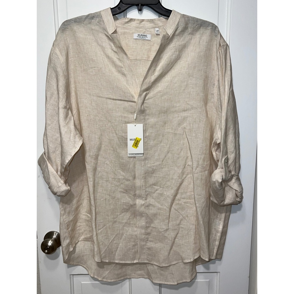 Murano Baird McNutt Mens 2XB Beige 100% Linen Band Collar Roll Tab Shirt NWT